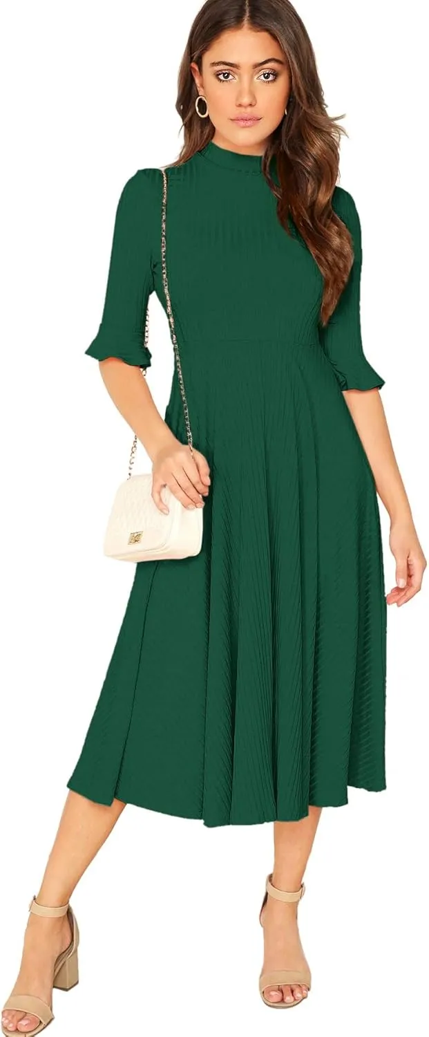 Verdusa Women's Elegant Ribbed Ruffle Half Sleeve A Line Dresses Fit and Flare Midi Dress
