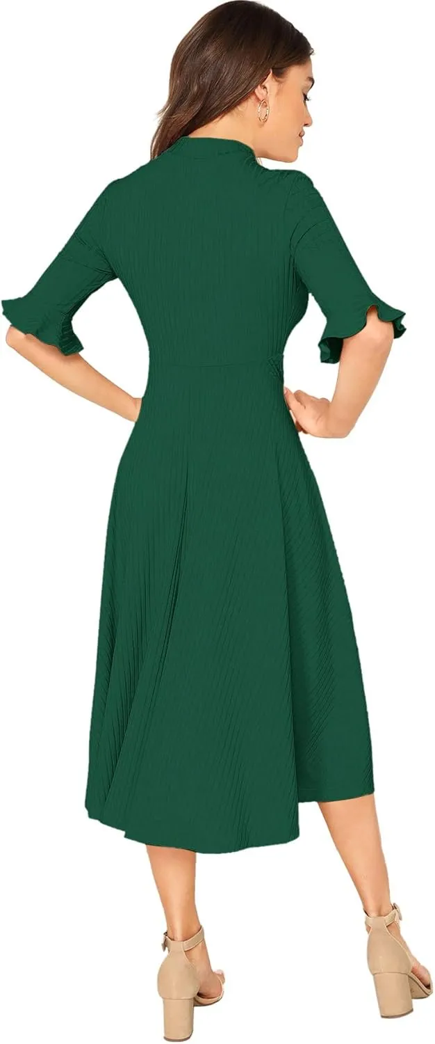 Verdusa Women's Elegant Ribbed Ruffle Half Sleeve A Line Dresses Fit and Flare Midi Dress