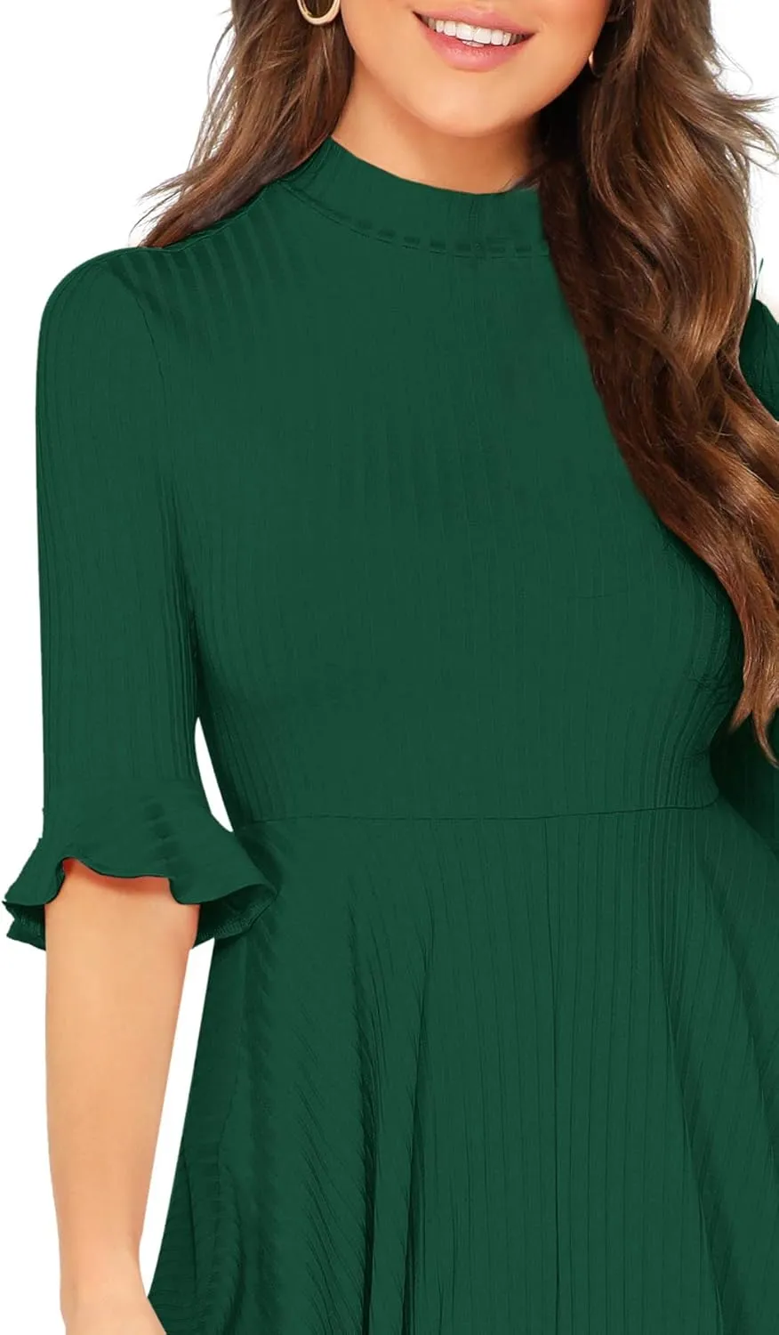 Verdusa Women's Elegant Ribbed Ruffle Half Sleeve A Line Dresses Fit and Flare Midi Dress