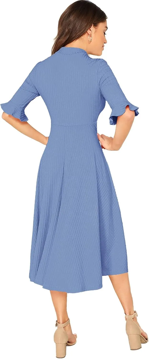 Verdusa Women's Elegant Ribbed Ruffle Half Sleeve A Line Dresses Fit and Flare Midi Dress