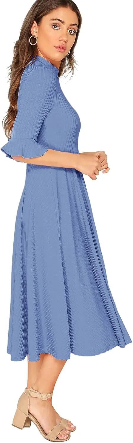 Verdusa Women's Elegant Ribbed Ruffle Half Sleeve A Line Dresses Fit and Flare Midi Dress