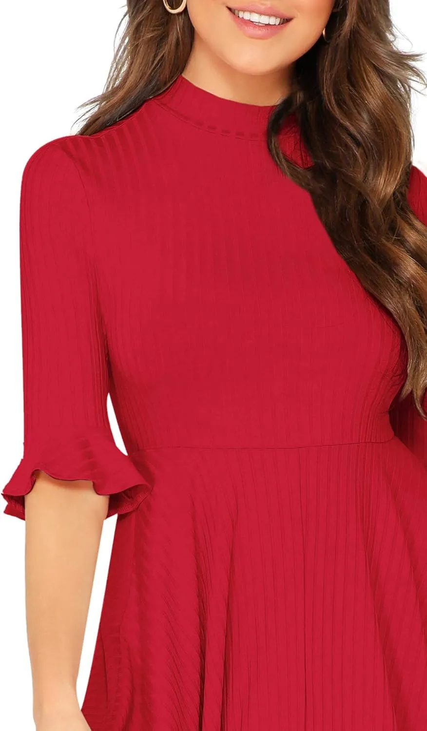 Verdusa Women's Elegant Ribbed Ruffle Half Sleeve A Line Dresses Fit and Flare Midi Dress