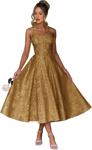 Verngo Satin Floral Jacquard Prom Dress for Women 2025 Halter A Line Formal Evening Gowns with Pockets