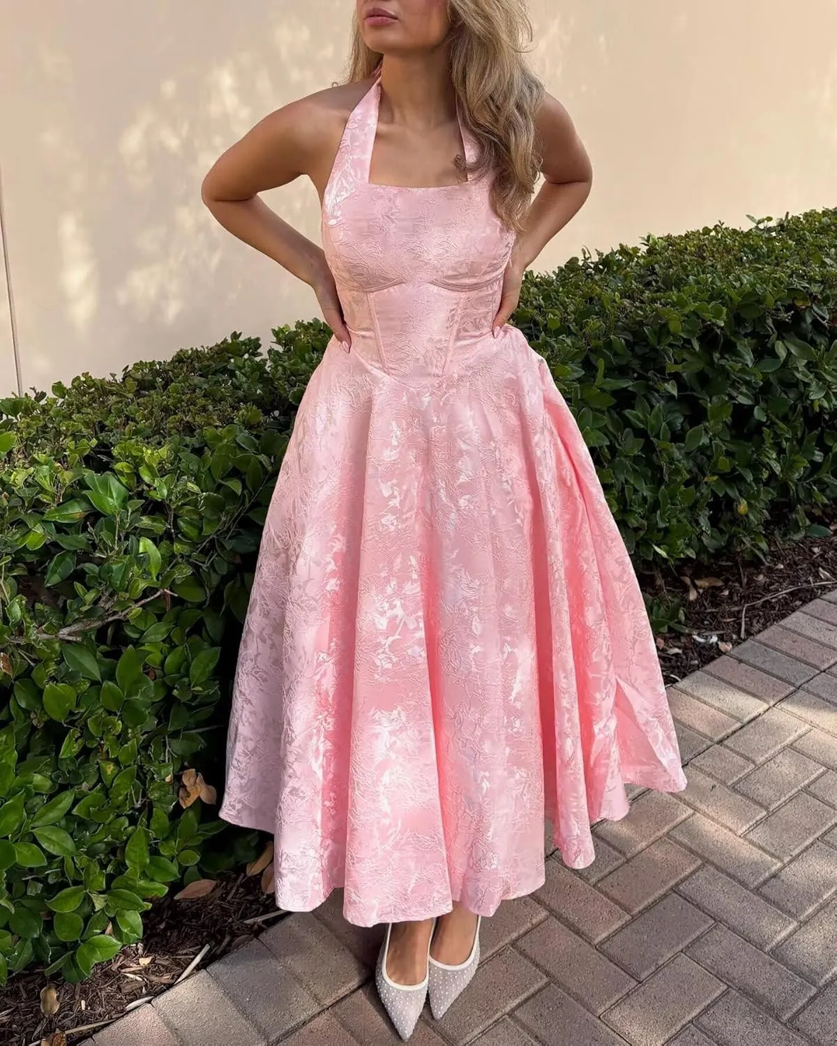 Verngo Satin Floral Jacquard Prom Dress for Women 2025 Halter A Line Formal Evening Gowns with Pockets