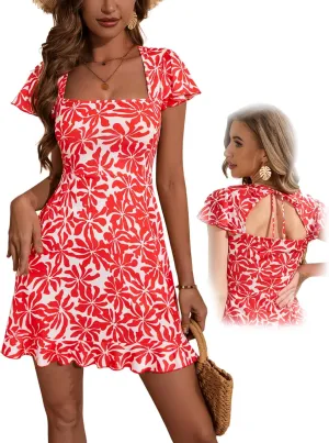 VETIOR Cute mini Dress Square Neck Cap Sleeves Summer Backless A Line Dresses with Pocket 2025