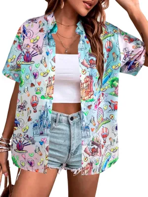 VILOVE Magical Shirt for Women Magic Hawaiian Shirts Princess Tshirt Funny Castle Graphic Family Vacation Button Up Tops