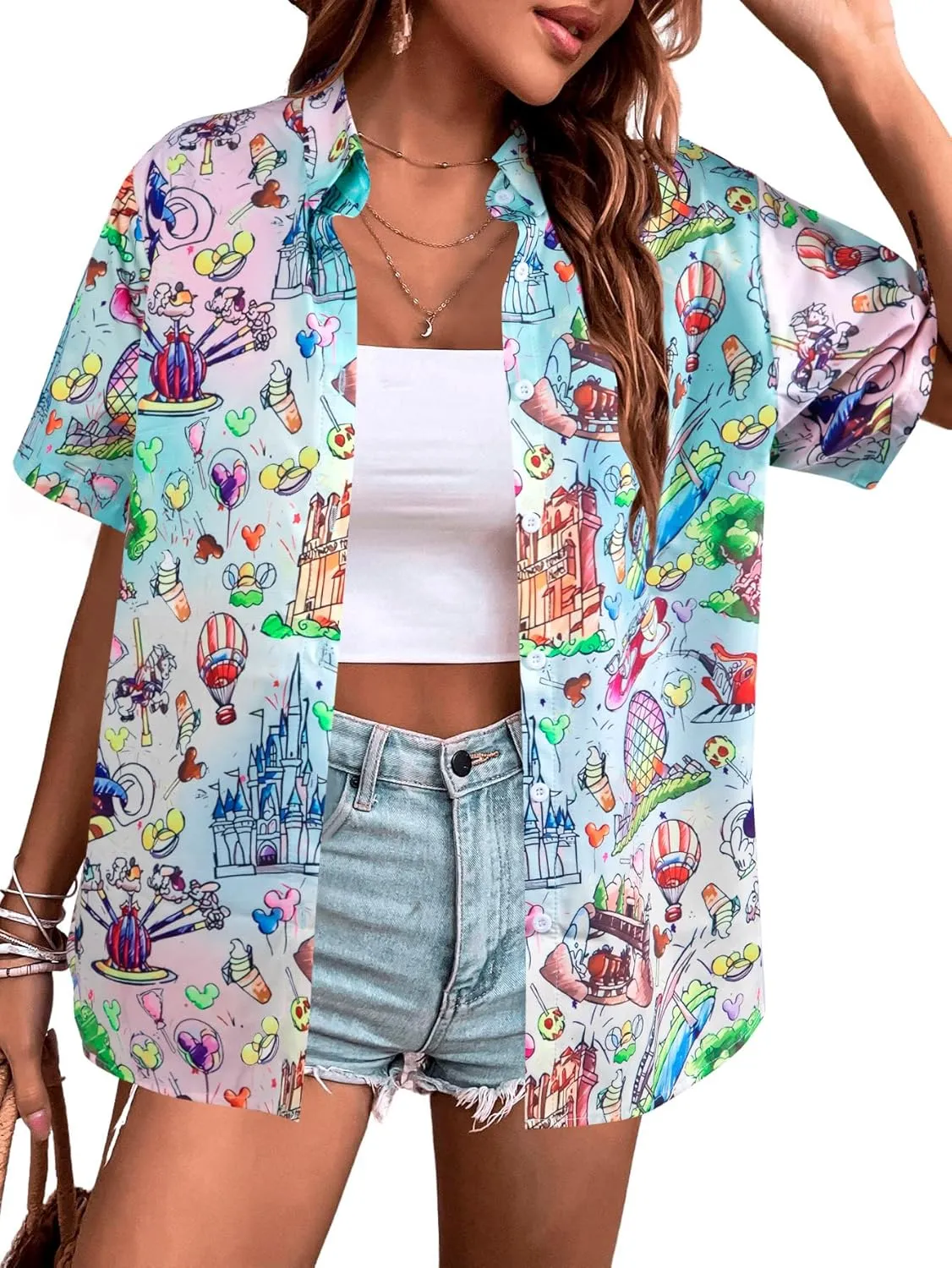VILOVE Magical Shirt for Women Magic Hawaiian Shirts Princess Tshirt Funny Castle Graphic Family Vacation Button Up Tops