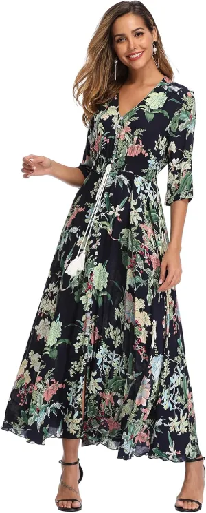 VintageClothing Women's Floral Maxi Dresses with Sleeves Flowy Boho Beach Dress