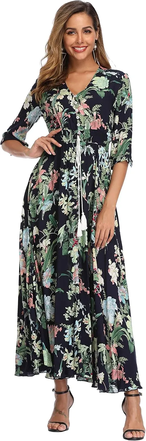 VintageClothing Women's Floral Maxi Dresses with Sleeves Flowy Boho Beach Dress