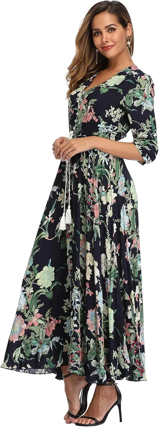 VintageClothing Women's Floral Maxi Dresses with Sleeves Flowy Boho Beach Dress