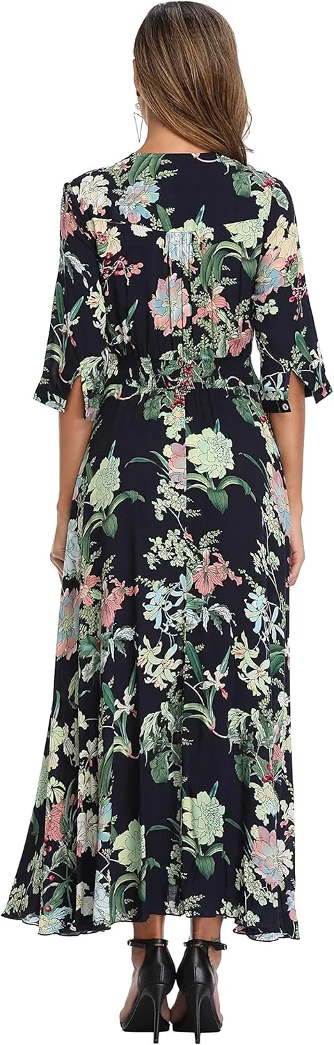 VintageClothing Women's Floral Maxi Dresses with Sleeves Flowy Boho Beach Dress