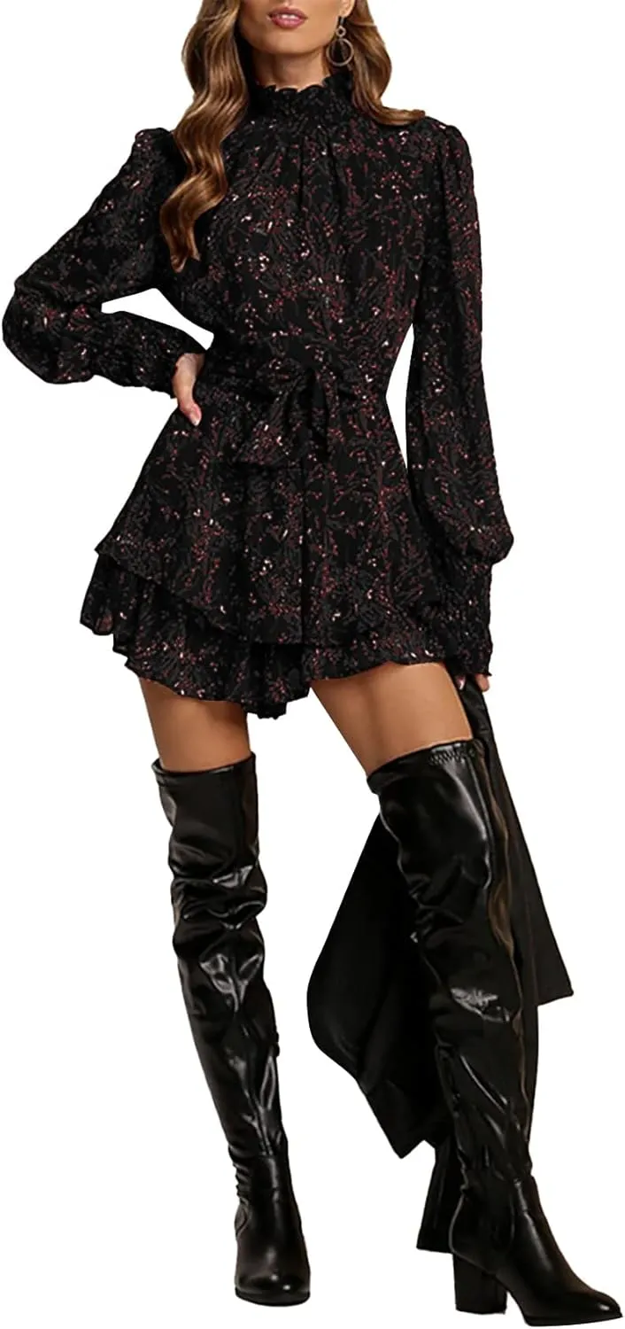 Vrtige Women's Floral Print Mock Neck Tie Waist Long Sleeve Ruffle Hem A Line Mini Dress