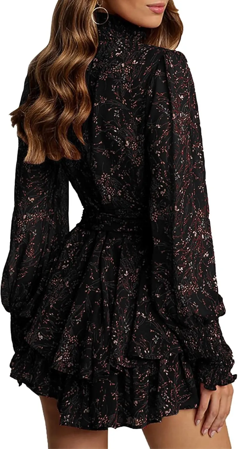 Vrtige Women's Floral Print Mock Neck Tie Waist Long Sleeve Ruffle Hem A Line Mini Dress