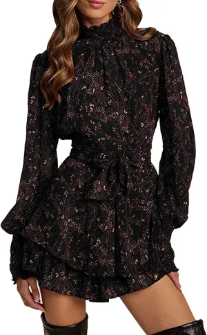 Vrtige Women's Floral Print Mock Neck Tie Waist Long Sleeve Ruffle Hem A Line Mini Dress