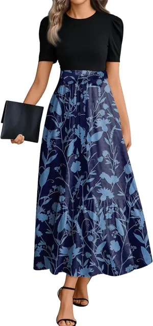 Women 2025 Summer Casual Round Neck Short Sleeve Long Tiered Floral Maxi Flowy Beach Dress