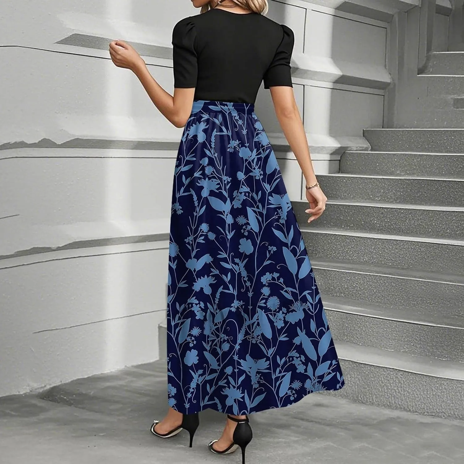 Women 2025 Summer Casual Round Neck Short Sleeve Long Tiered Floral Maxi Flowy Beach Dress