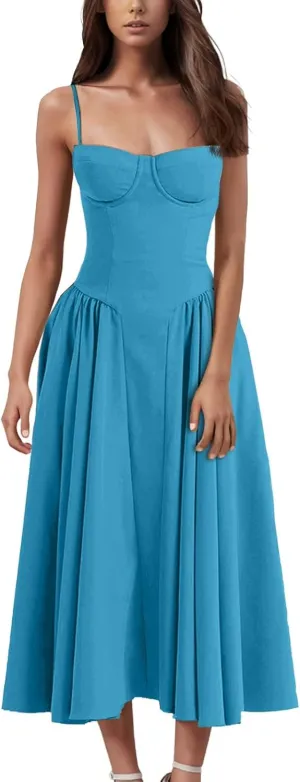 Women 2025 Vintage Party Flowy Pleated Hem Low Cut Prom Dresses Spaghetti Straps Sleeveless Swing Sundress