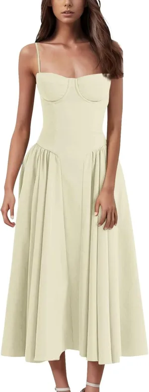 Women 2025 Vintage Party Flowy Pleated Hem Low Cut Prom Dresses Spaghetti Straps Sleeveless Swing Sundress