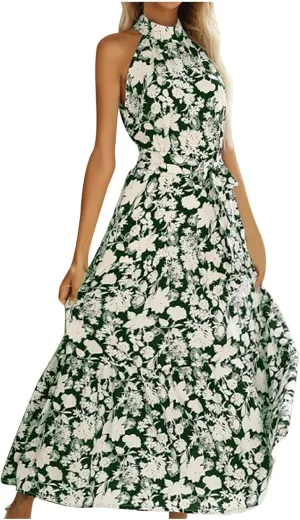 Women Boho Maxi Dresses Summer Tie-Waist Sleeveless High Neck Sundress Trendy Floral Print Flowy Going Out Dress