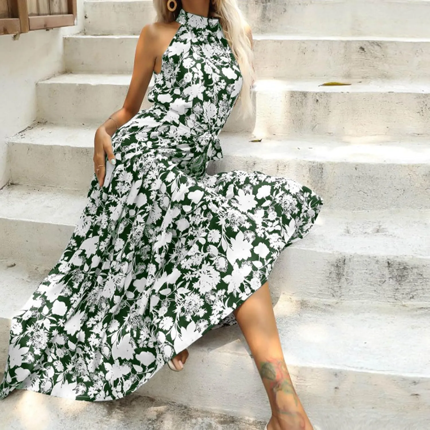Women Boho Maxi Dresses Summer Tie-Waist Sleeveless High Neck Sundress Trendy Floral Print Flowy Going Out Dress