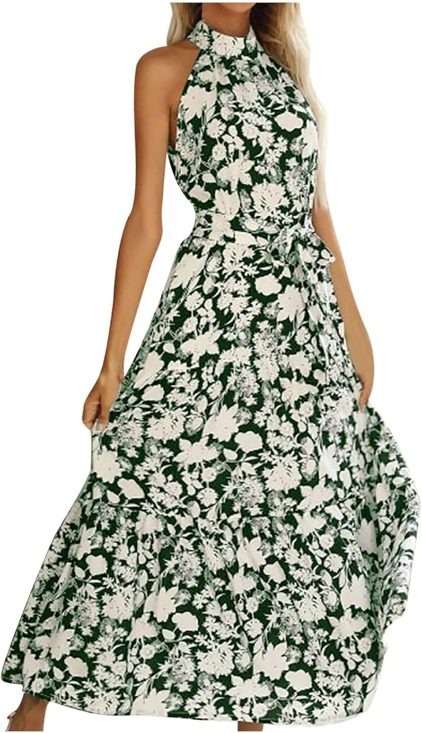 Women Boho Maxi Dresses Summer Tie-Waist Sleeveless High Neck Sundress Trendy Floral Print Flowy Going Out Dress