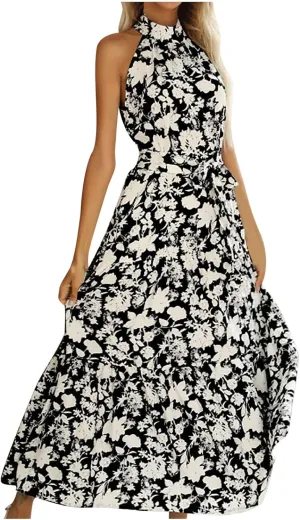 Women Boho Maxi Dresses Summer Tie-Waist Sleeveless High Neck Sundress Trendy Floral Print Flowy Going Out Dress