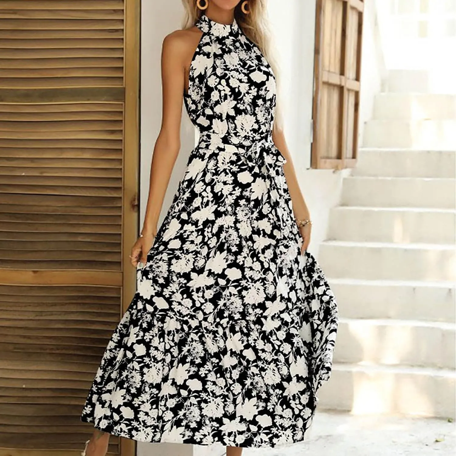 Women Boho Maxi Dresses Summer Tie-Waist Sleeveless High Neck Sundress Trendy Floral Print Flowy Going Out Dress