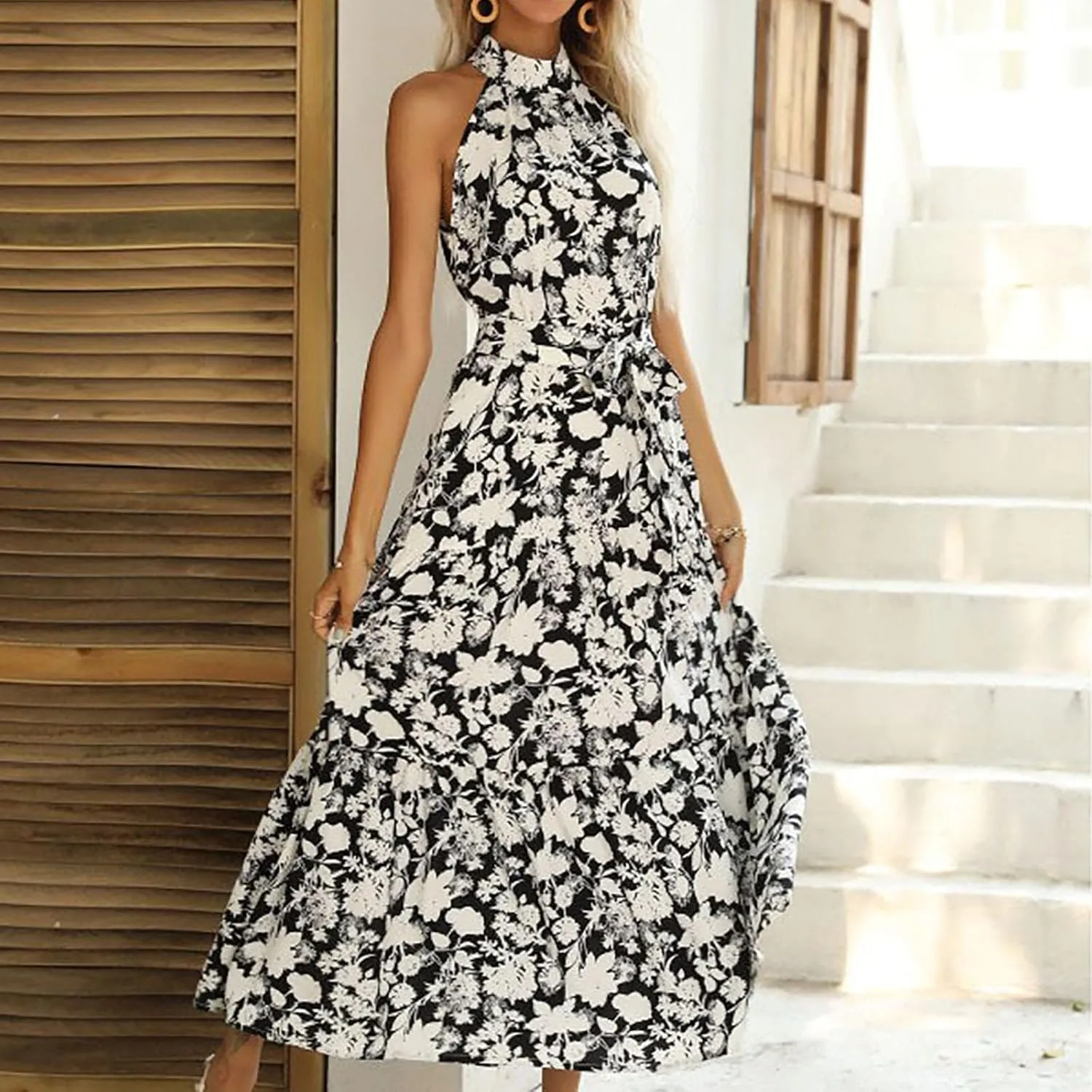 Women Boho Maxi Dresses Summer Tie-Waist Sleeveless High Neck Sundress Trendy Floral Print Flowy Going Out Dress