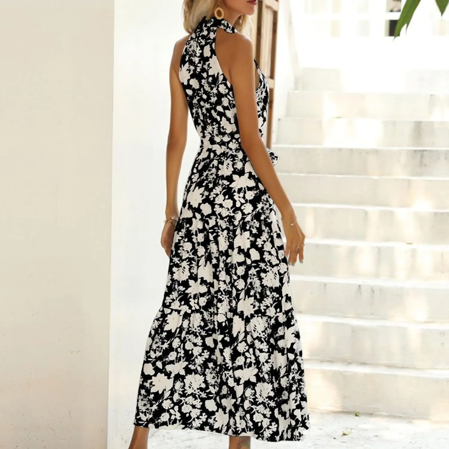 Women Boho Maxi Dresses Summer Tie-Waist Sleeveless High Neck Sundress Trendy Floral Print Flowy Going Out Dress