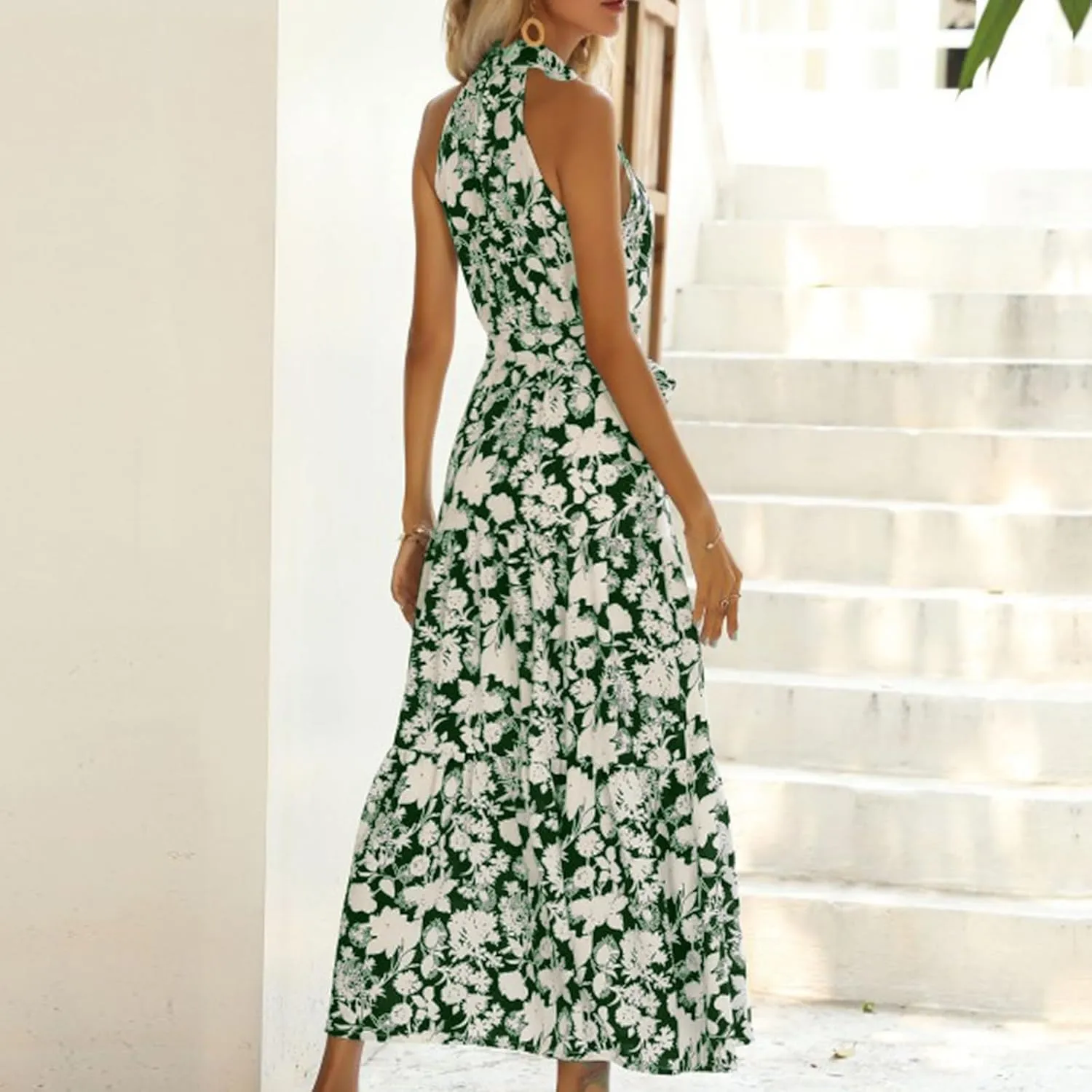 Women Boho Maxi Dresses Summer Tie-Waist Sleeveless High Neck Sundress Trendy Floral Print Flowy Going Out Dress