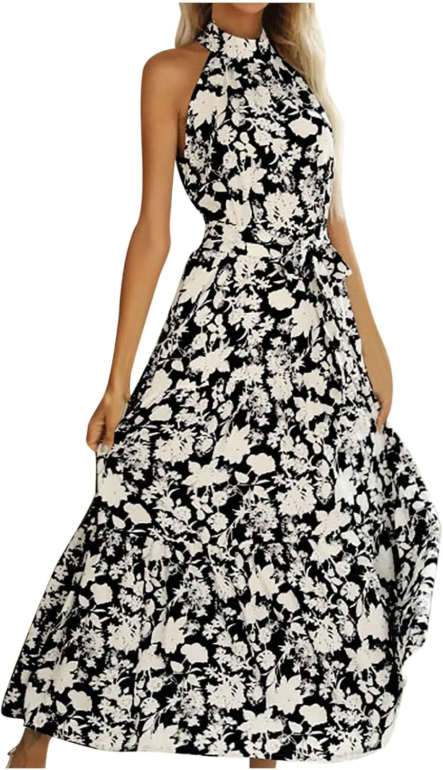 Women Boho Maxi Dresses Summer Tie-Waist Sleeveless High Neck Sundress Trendy Floral Print Flowy Going Out Dress