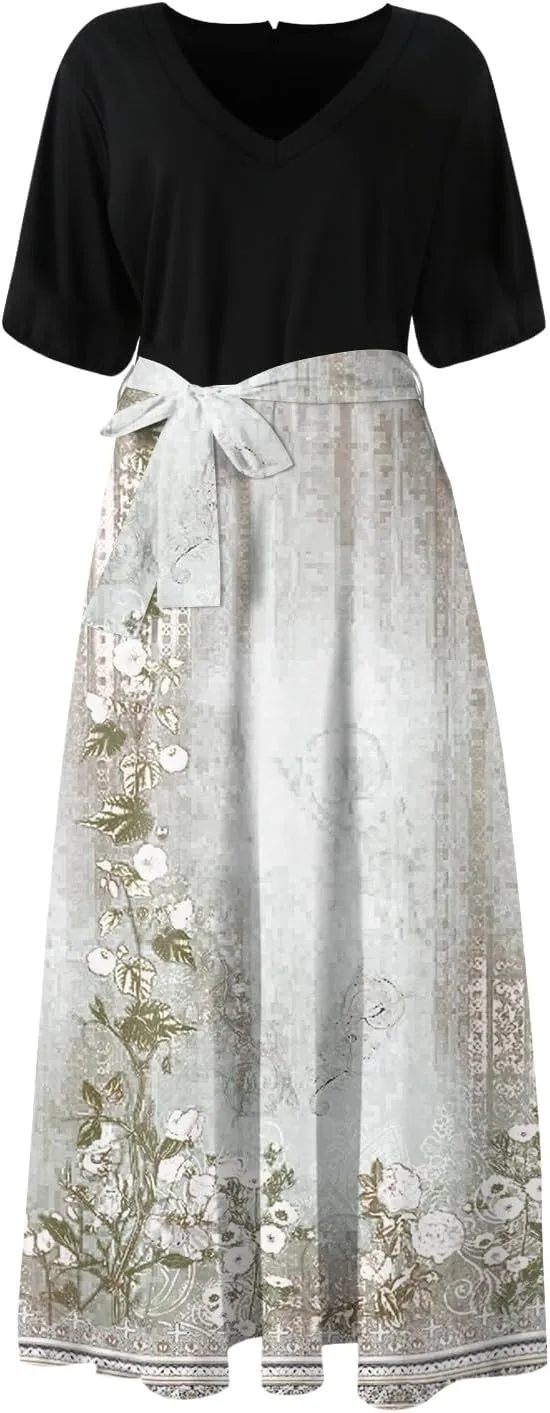 Women Casual Sleeveless Summer Dresses 2025 Spring Crewneck Patchwork Boho Floral Ruffle Cocktail Party Midi Dress