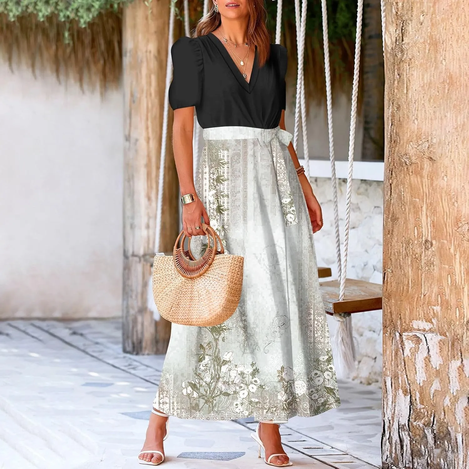 Women Casual Sleeveless Summer Dresses 2025 Spring Crewneck Patchwork Boho Floral Ruffle Cocktail Party Midi Dress