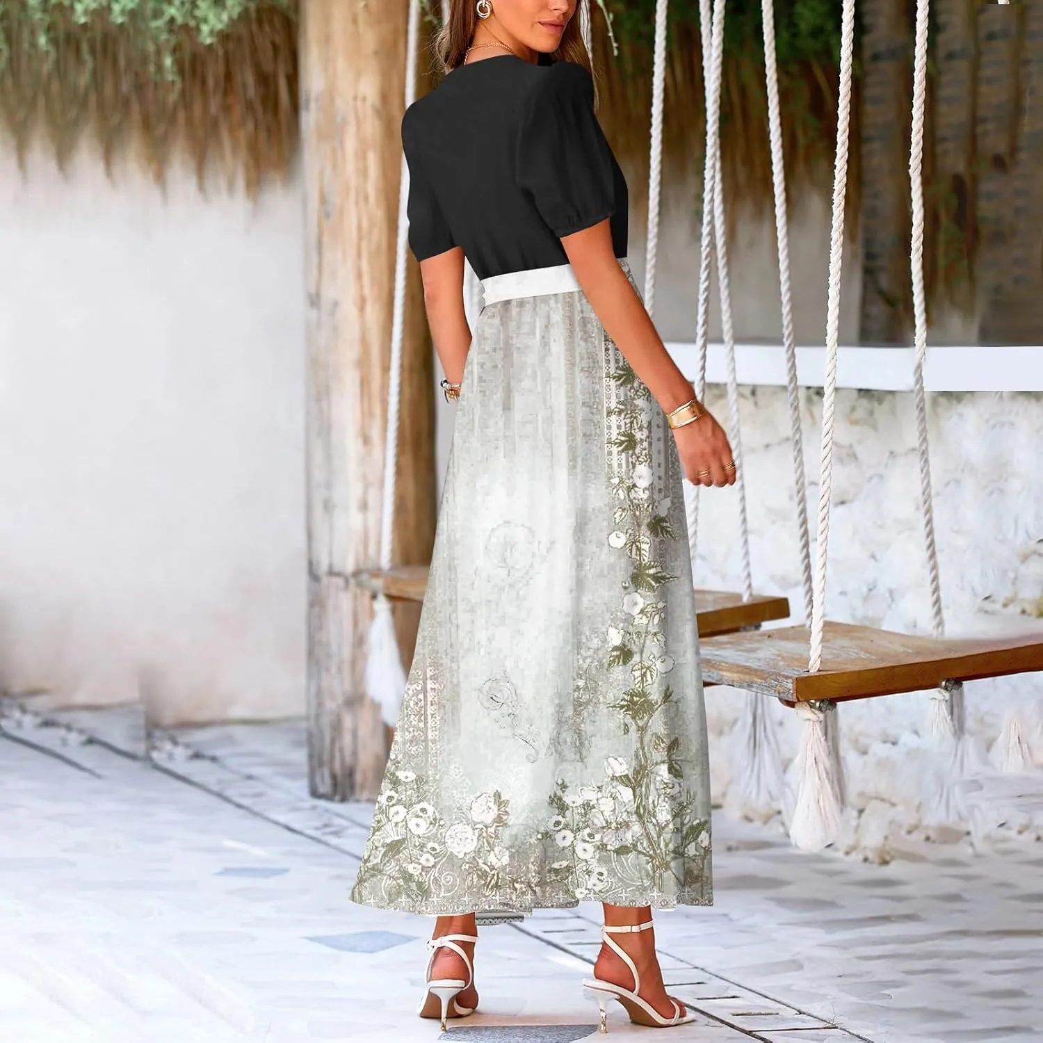 Women Casual Sleeveless Summer Dresses 2025 Spring Crewneck Patchwork Boho Floral Ruffle Cocktail Party Midi Dress