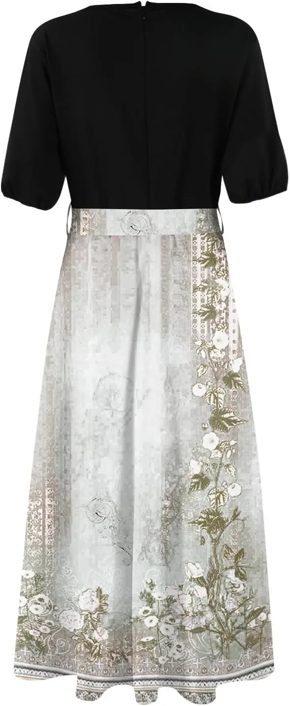 Women Casual Sleeveless Summer Dresses 2025 Spring Crewneck Patchwork Boho Floral Ruffle Cocktail Party Midi Dress