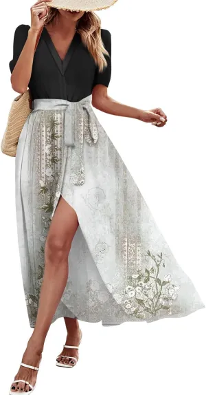 Women Casual Sleeveless Summer Dresses 2025 Spring Crewneck Patchwork Boho Floral Ruffle Cocktail Party Midi Dress