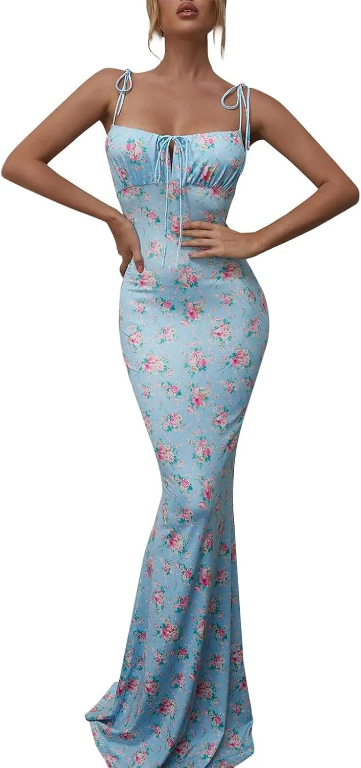Women Corset Dress Summer Sleeveless Floral Maxi Dresses Sexy Spaghetti Strap Milkmaid Dress Vacation Bustier Dresses