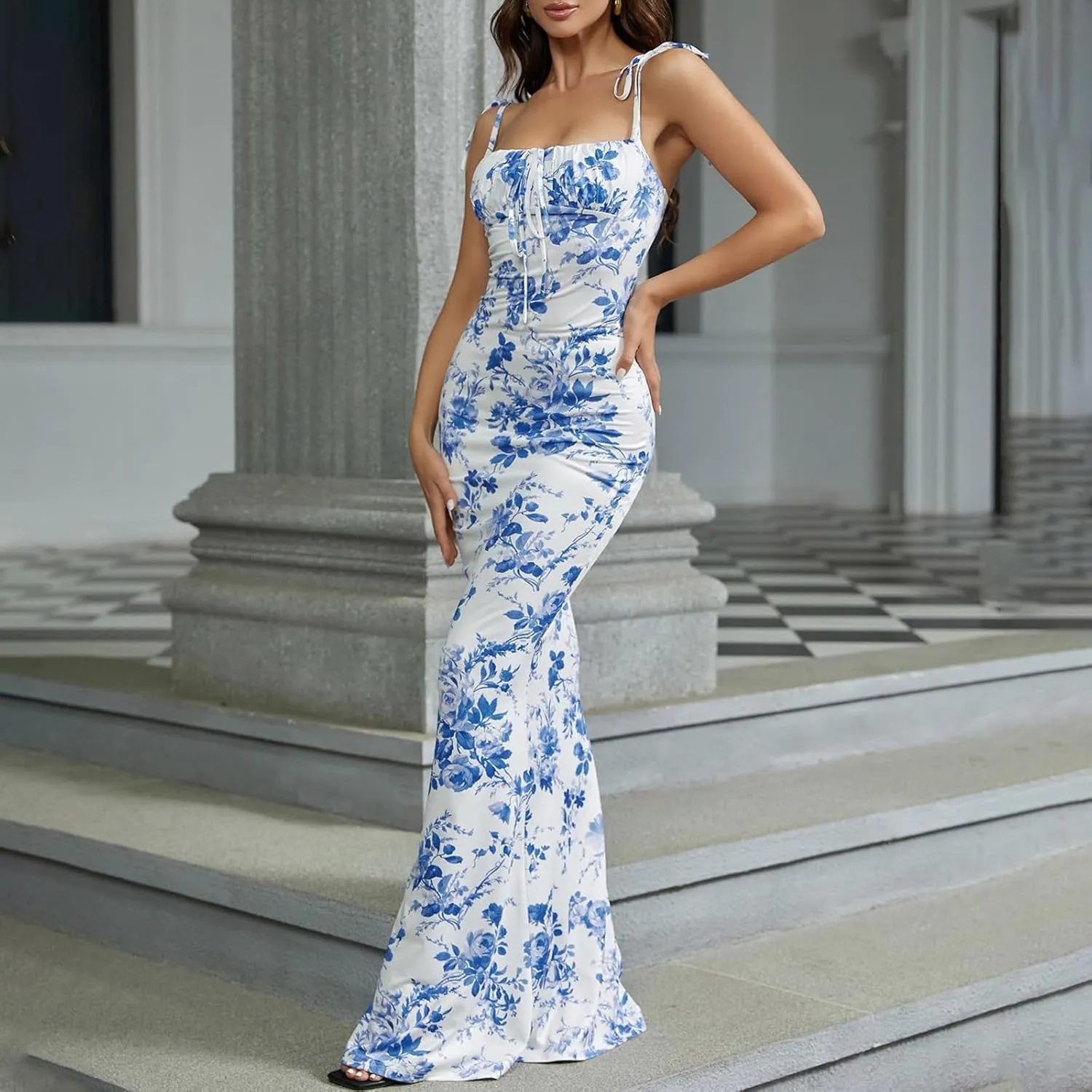 Women Corset Dress Summer Sleeveless Floral Maxi Dresses Sexy Spaghetti Strap Milkmaid Dress Vacation Bustier Dresses