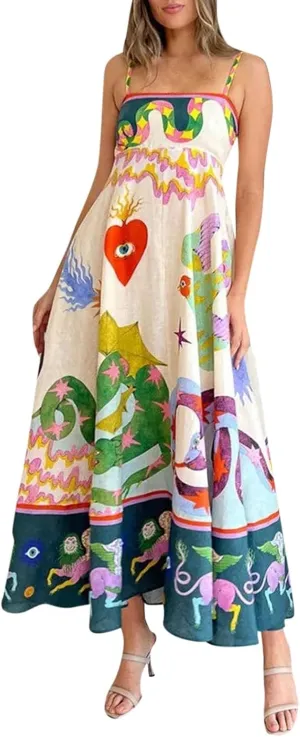 Women Dresses 2025 Cute Print Maxi Cami Dresses Sleeveless Casual Spaghetti Strap Graffiti Dress Vacation Dresses
