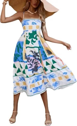Women Dresses 2025 Cute Print Maxi Cami Dresses Sleeveless Casual Spaghetti Strap Graffiti Dress Vacation Dresses
