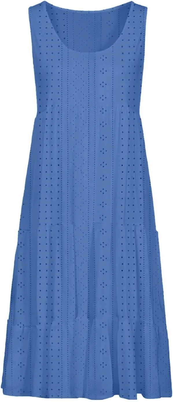 Women Eyelet Dresses Summer Tiered Ruffle Hem Mini Swing Dress Casual Sleeveless Dress Flowy Beach Sundress