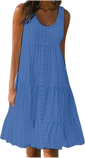 Women Eyelet Dresses Summer Tiered Ruffle Hem Mini Swing Dress Casual Sleeveless Dress Flowy Beach Sundress