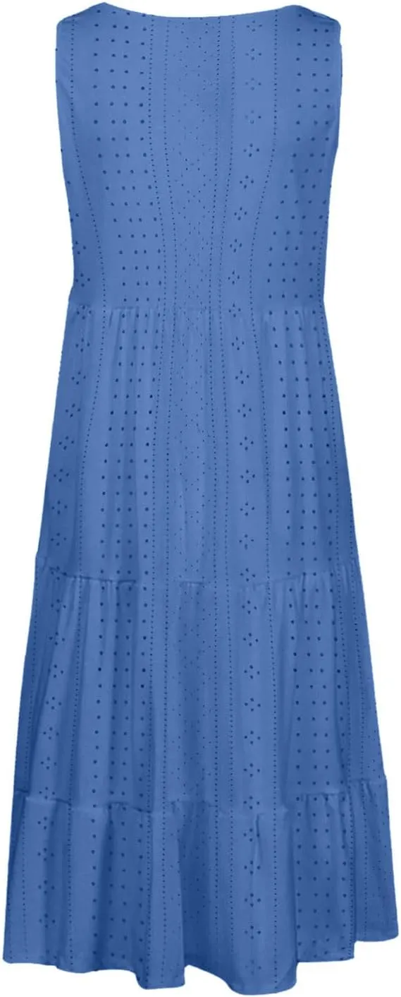 Women Eyelet Dresses Summer Tiered Ruffle Hem Mini Swing Dress Casual Sleeveless Dress Flowy Beach Sundress