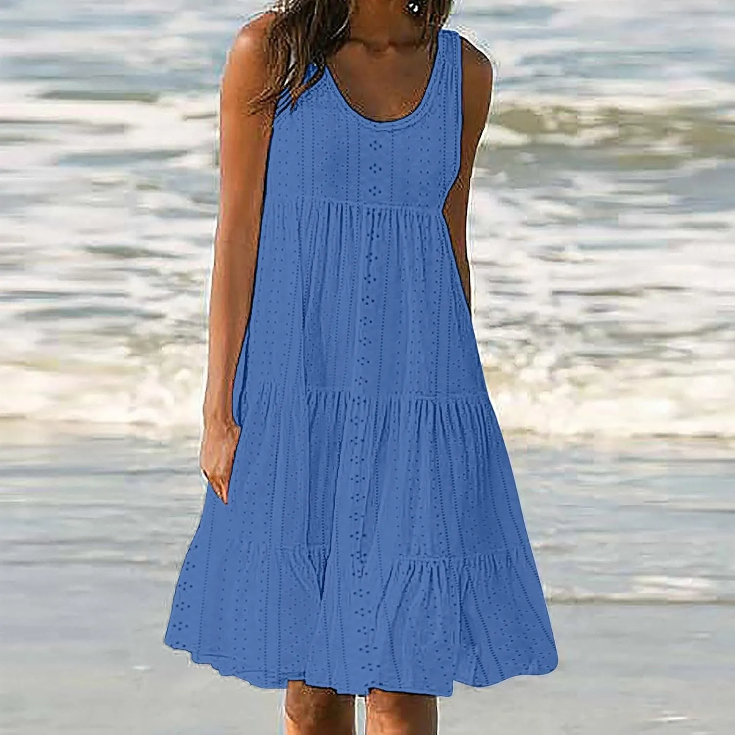 Women Eyelet Dresses Summer Tiered Ruffle Hem Mini Swing Dress Casual Sleeveless Dress Flowy Beach Sundress