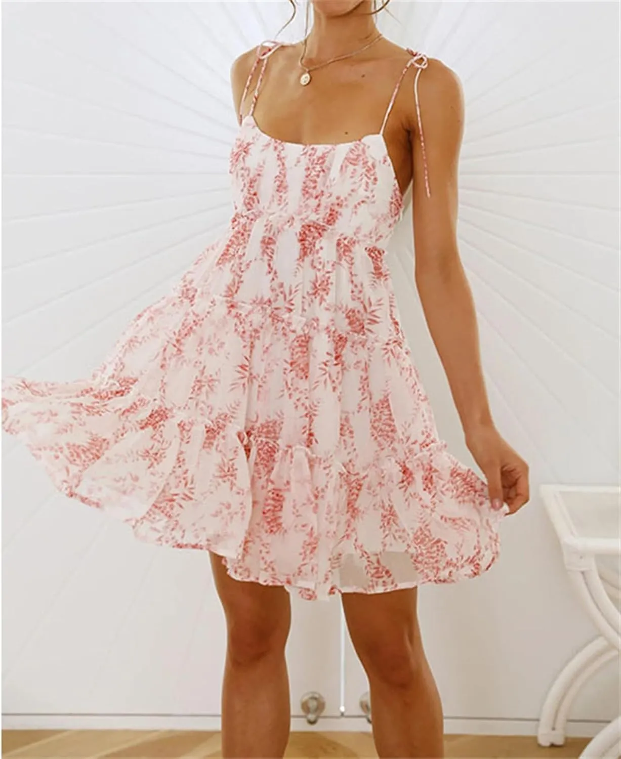 Women Floral Mini Dress Spaghetti Strap Ruffle Tiered Dress, 2025 Summer Sexy Flowy Chiffon Mini Sundresses