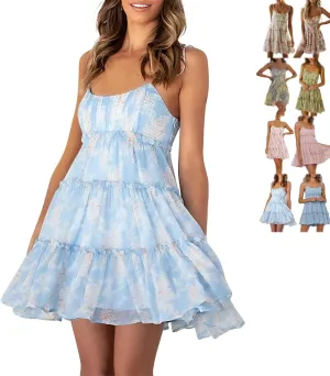 Women Floral Mini Dress Spaghetti Strap Ruffle Tiered Dress, 2025 Summer Sexy Flowy Chiffon Mini Sundresses