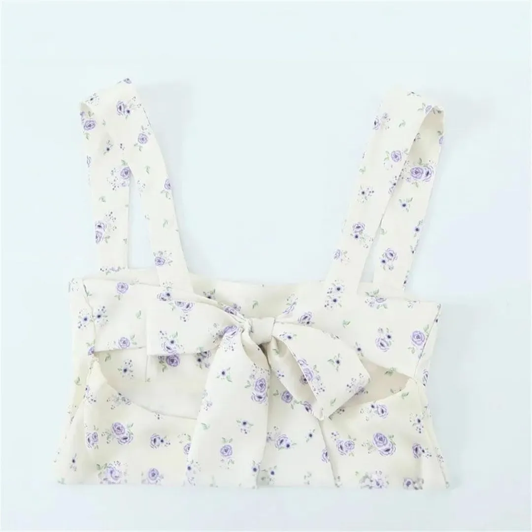 Women Floral Print Suspender Mini Dress French Sweet Sleeveless Backless Tie Waisted A-Line Dresses