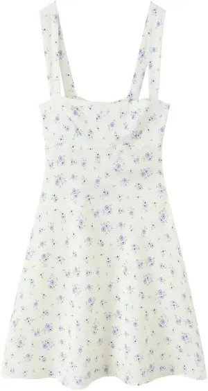 Women Floral Print Suspender Mini Dress French Sweet Sleeveless Backless Tie Waisted A-Line Dresses