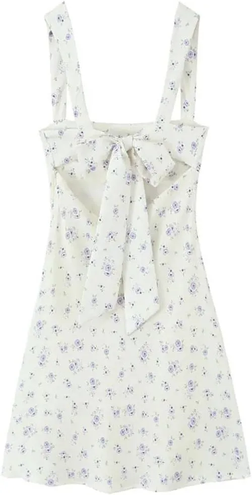 Women Floral Print Suspender Mini Dress French Sweet Sleeveless Backless Tie Waisted A-Line Dresses