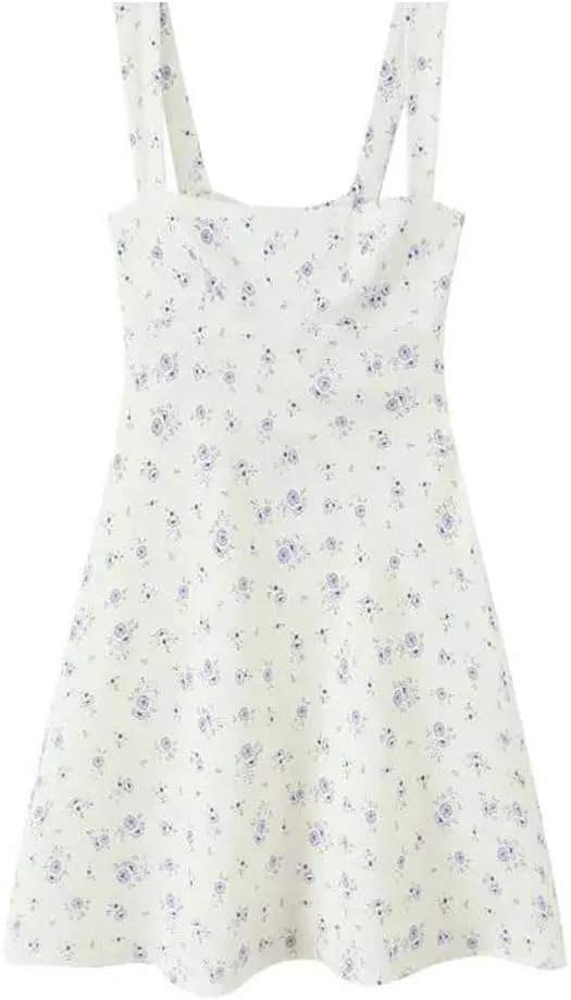Women Floral Print Suspender Mini Dress French Sweet Sleeveless Backless Tie Waisted A-Line Dresses